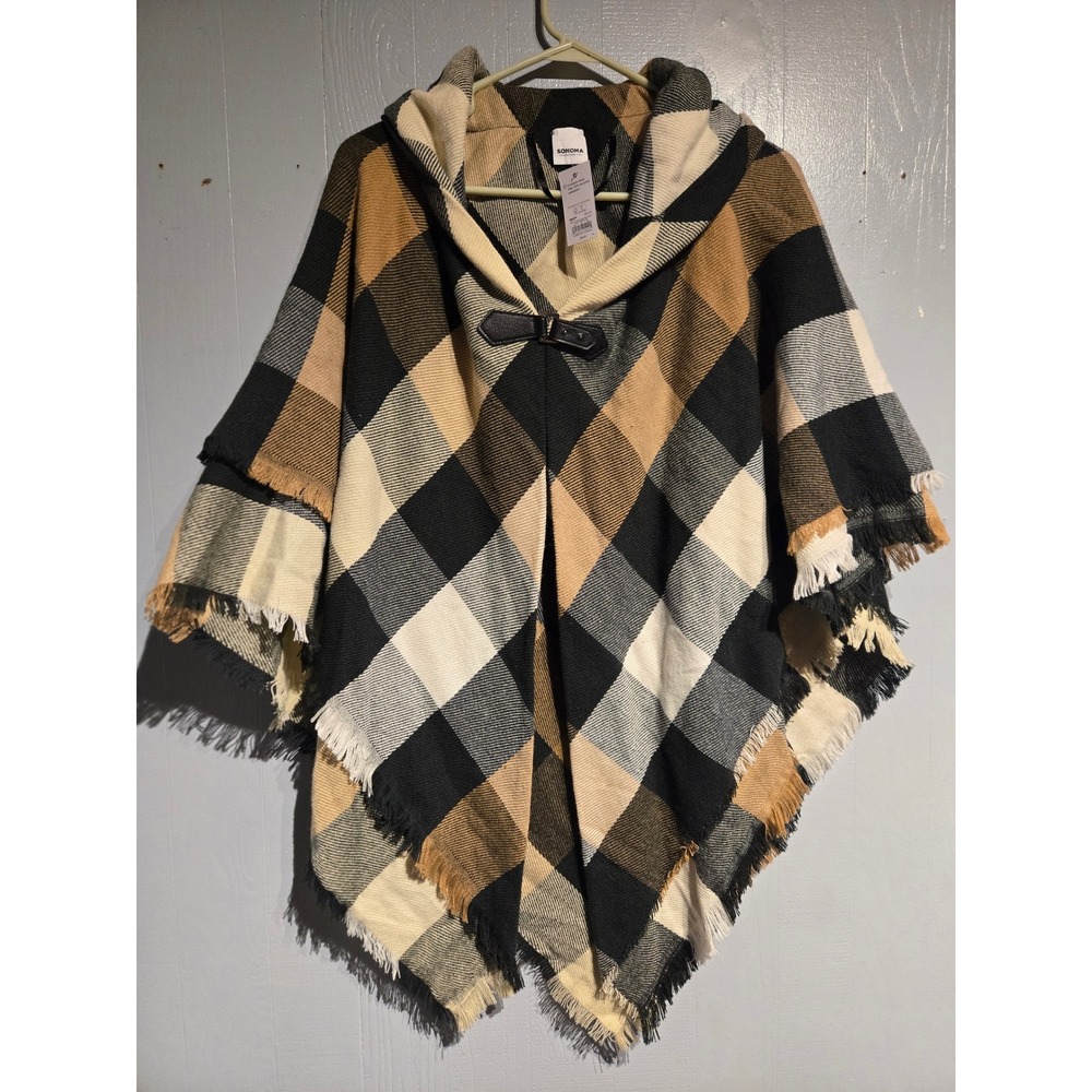 Sonoma Goods For Life Plaid Hooded Poncho Wrap Black Camel OneSize NWT WSN49LP05